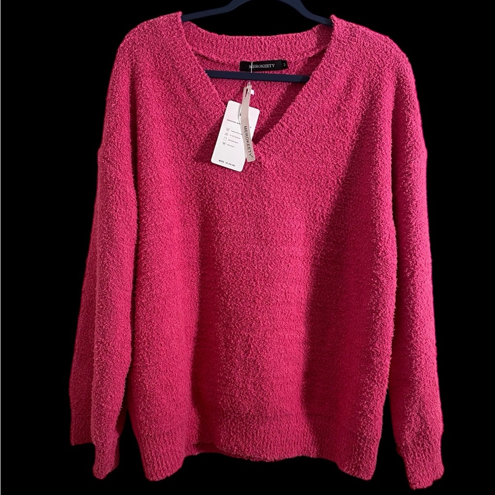 Merokeety Women's V-Neck Plush Sweater - Hot Pink
